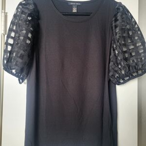 Carolyn Taylor Black Knit Top with Checkered Puff Sleeves